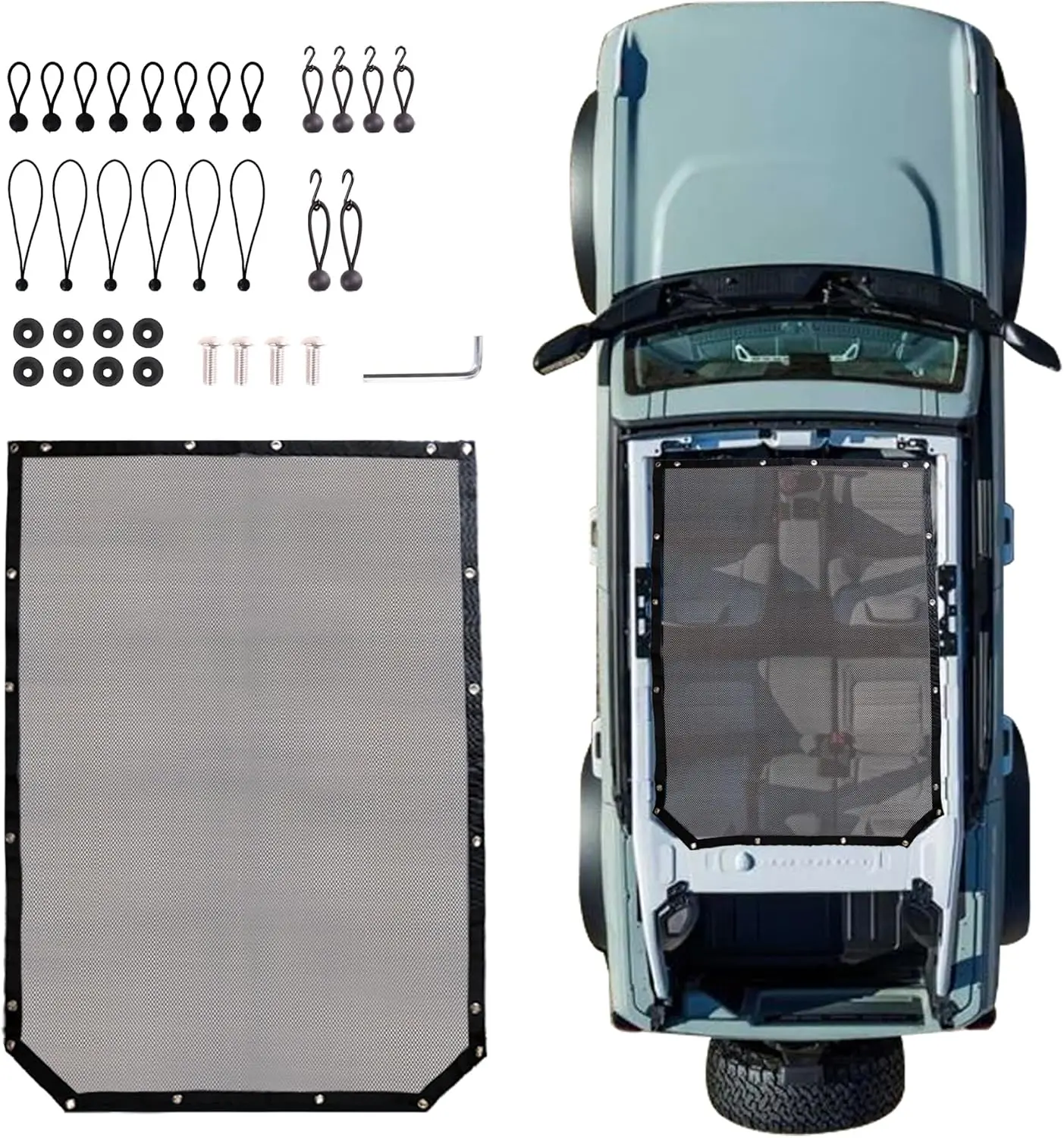 Sunshade for 2021-2026 Ford Bronco Bimini Top 4 Door Sun Shade Grey | Mesh Bikini Top for Bronco Exterior Accessories, Soft-top & Hard-top Roof Cover Net, Blocks UV Wind Noise, 4 Door Full Length