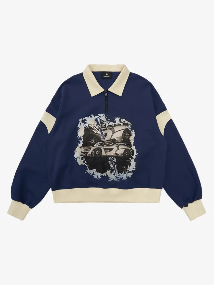 Original Racing Style Print Lapel Sweatshirt