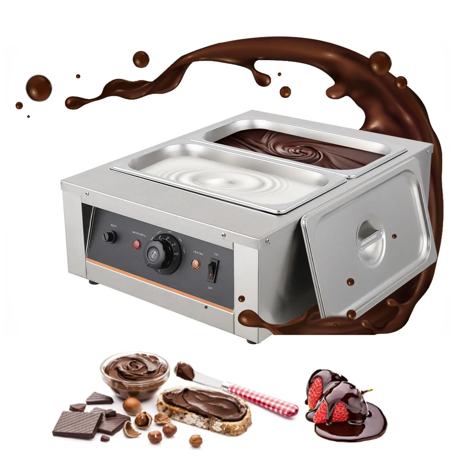 Garvee Commercial Chocolate Tempering Machine - 800W 4.12 QT*2 Stainless Steel Double Boiler Melter with 32-176°F Adjustable Knob, Melts Candy for Home Bakery, Food Processing