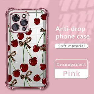 Cherry leopard print bow pattern four-corner shockproof transparent electroplated protective phone case for iPhone 17 Pro Max 16 15 14 Plus 13 12 11 XR XS Air,Simple and stylish camera Protection DurablePhone Case