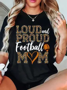 100% Cotton Unisex Football Player Mom Leopard Cheetah Football Fan T-Shirt - Short Sleeve, Summer & Spring Essential - Women's Clothing Printed Graphic Tee For T-Shirt Lovers Everyday Piece