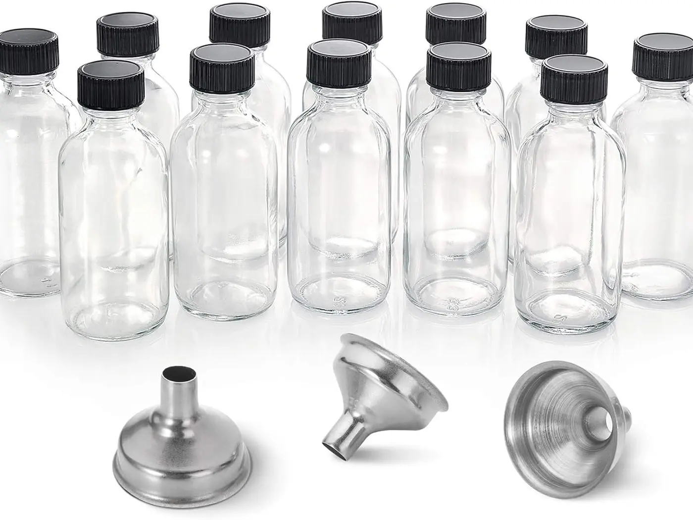 12 Pack, 2 oz Small Clear Glass Bottles w/Lid & 3 Funnels - 60ml Boston Shot Bottles for Health, Immunity, Potion, Wellness, Sample, Ginger, Juice - Mini Personal Care & Beauty Travel Bottle