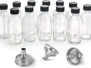 12 Pack, 2 oz Small Clear Glass Bottles w/Lid & 3 Funnels - 60ml Boston Shot Bottles for Health, Immunity, Potion, Wellness, Sample, Ginger, Juice - Mini Personal Care & Beauty Travel Bottle