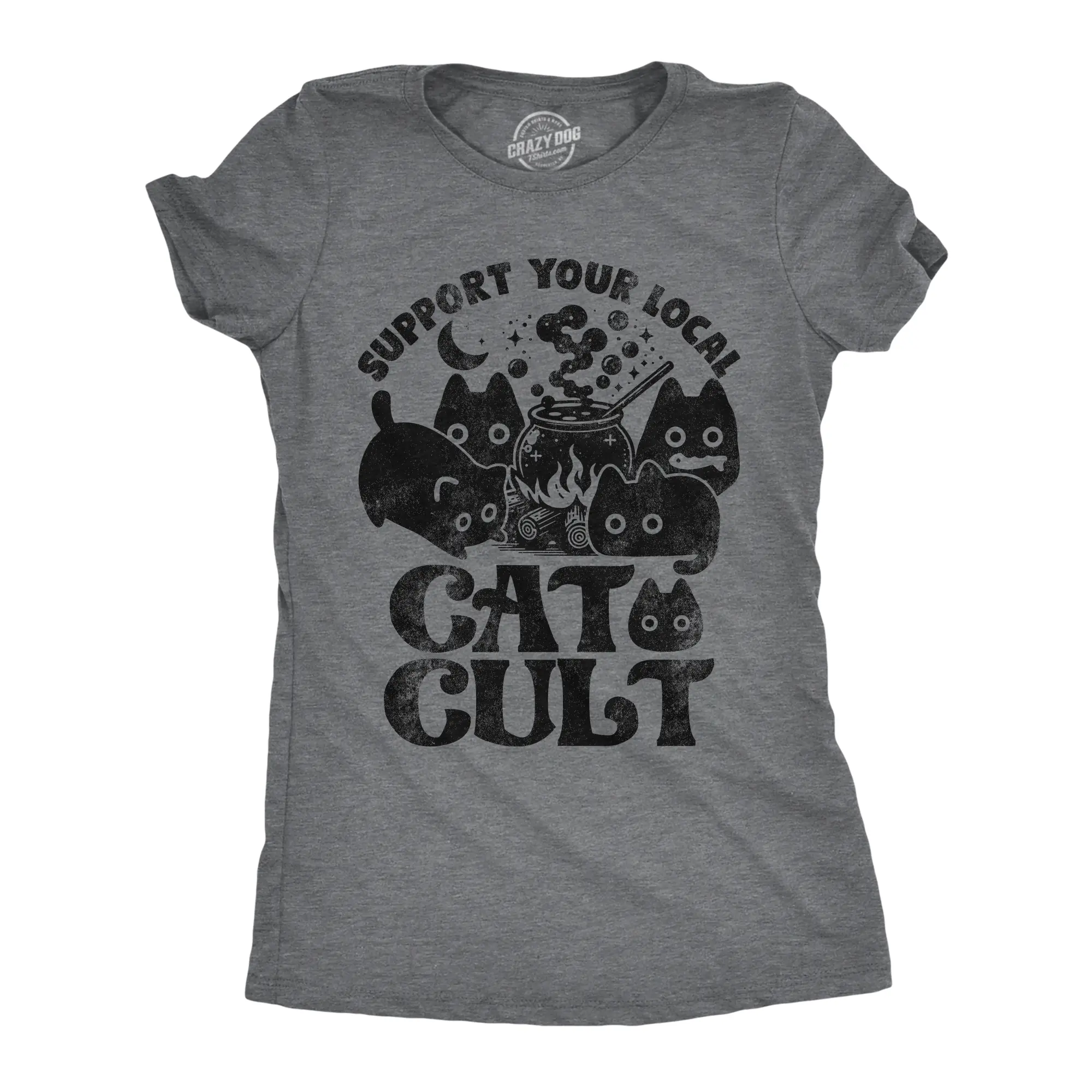 Womens Funny T Shirts Support Your Local Cat Cult Sarcastic Halloween Kitten Graphic Tee for Ladies Funny Womens T Shirts Cute Vintage Fashion Casual Ladies T-Shirt Gift Halloween Tops for Women Funny Cat Top Dark Grey