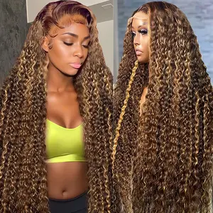 Highlight Ombre Lace Front Wig Human Hair 180% Density 13x6 Honey Blonde 4/27 Deep Wave Glueless Pre Plucked HD Lace Frontal Wigs for Women