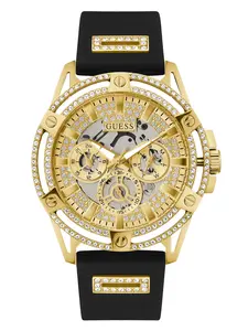 GUESS Male Cut-Through Gold-Tone and Black Silicone Multifunction Watch