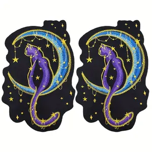 2pcs Gothic Embroidery Moon Purple Phantom Cat Patches, Heat-Sewable Gothic Look Decorative Sewing Accessories for Jackets, Bags