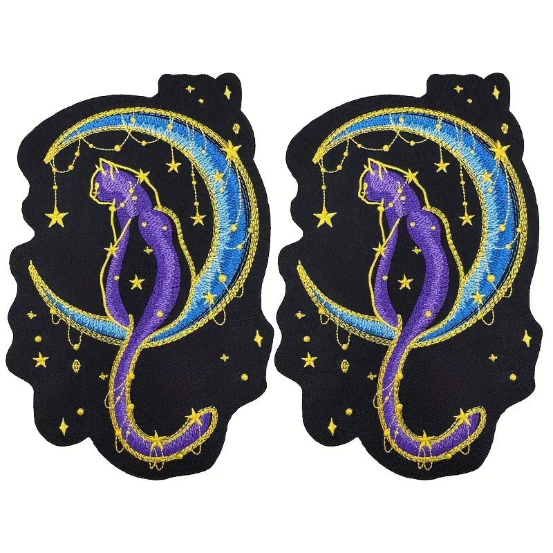 2pcs Goth Embroidered Moon Purple Phantom Cat Knitted Patches - Easy-to-Apply Heat-Sewable Fabric Sewing Accessories for Jackets, Bags Customization, Decorative Patches, Embroidered Patches