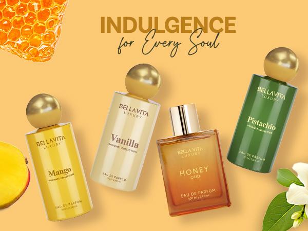 Gourmet Fusion by BellaVita Luxury | 4x100 ml Perfume Bundle | Vanilla, Pistachio, Mango & Honey Oud | Luxury Unisex Perfume for Men & Women | Long Lasting, Fruity, Floral, Sweet, Spicy & Woody Notes | Luxury, Vegan & Cruelty Free Eau De Parfum