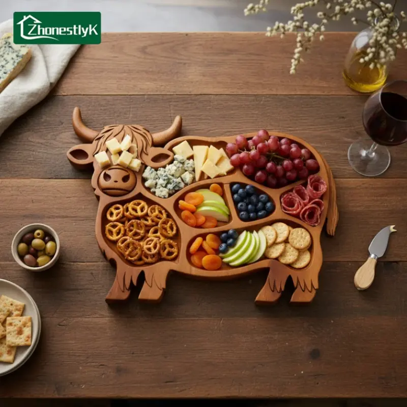 Cow Shape Charcuterie Board Wood Cheese Platter Christmas Party Serving Tray Fruit Snack Platter Gift for Family Decor