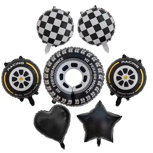 Race Car Balloons Large Wheel Balloon Black and White Checkered Balloons for Hot Wheels Racing Theme Birthday Party Decorations