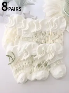 8 pairs of women's floral print contrasting color mesh transparent short socks, summer fashion style, casual and comfortable shallow socks, suitable for daily outings, Casual Stylish Socks