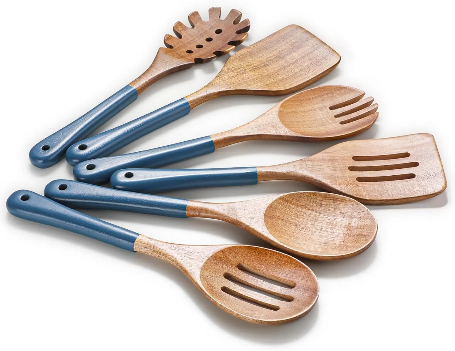 Wooden Spoons For Cooking, 6 PCS Natural Acacia Wooden Cooking Utensils, Non-Stick Wood Kitchen Utensil Set for Kitchen Essentials, Smooth Grip Wood Cooking Spoons with Hanging Hole, Blue