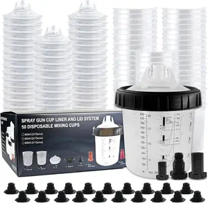 RRJ One-time Paint Cup Set, suitable for HVLP/LVLP sprayguns. Available in capacities of 600 millilitersselectable. Includes: 50 cups + lids, 1 hard cup with scale andring, adapter, paint stirrer, high-capacity mode adjustmentdevice. Sprayer