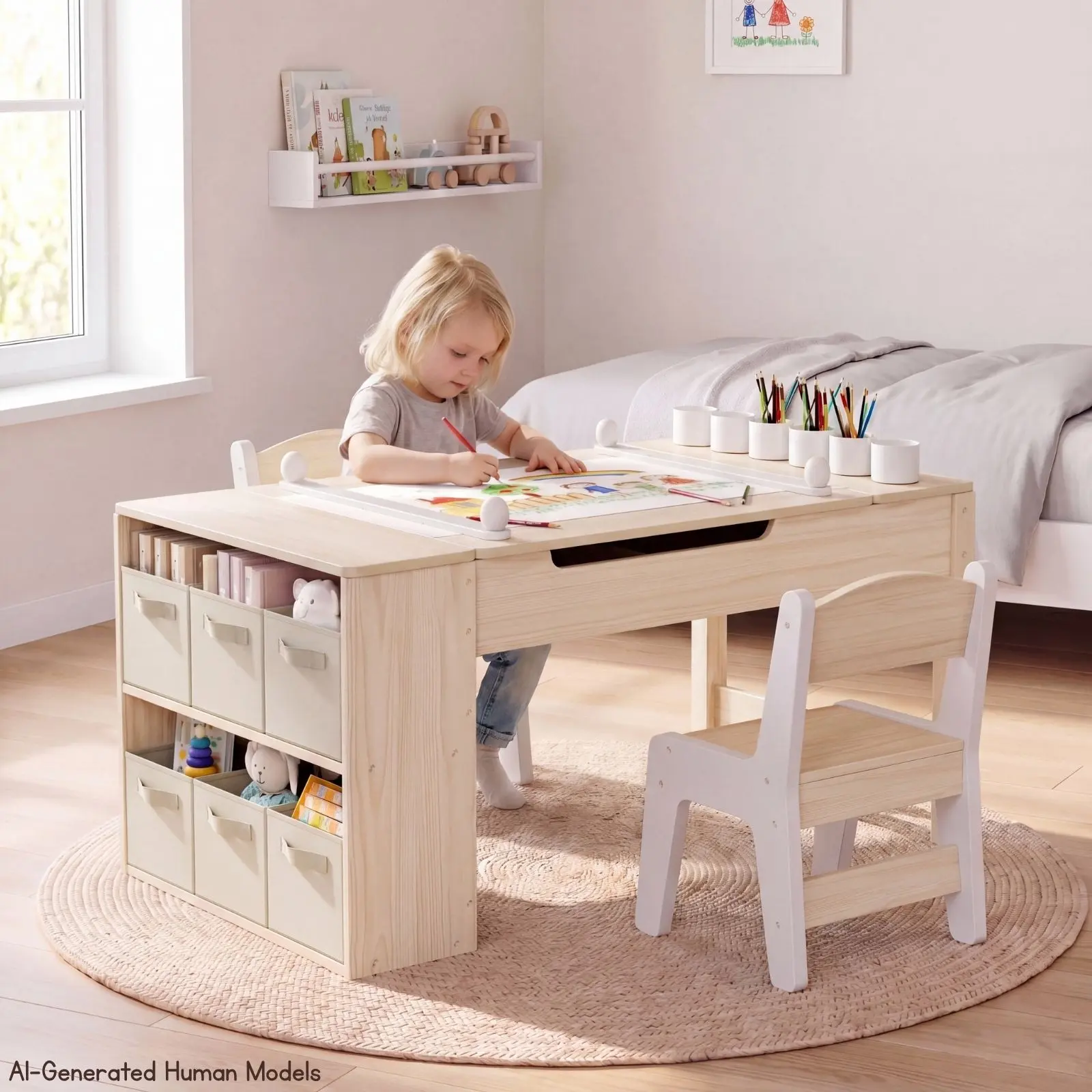 MAMIZO 3 in 1 Kids Art Table and Chair Set, Multifunctional Tabletop w/Large Storage, Convertible Wooden Toddler Activity Desk with 6 Paint Cups, 6 Storage Bins & Paper Roll for Painting, Playing