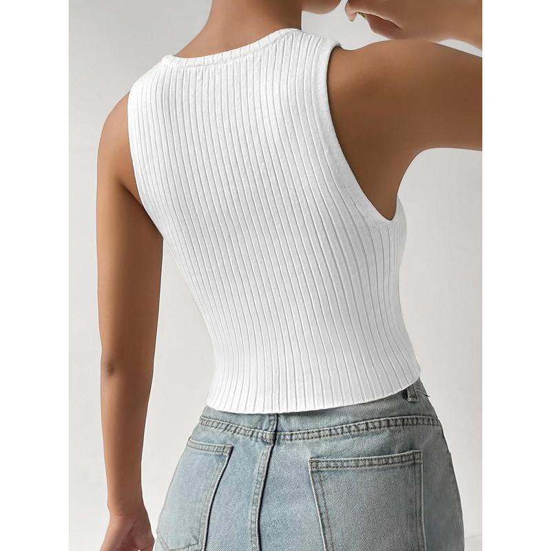 Women's Button Front Ribbed Knit Crop Tank Top Scoop Neck Sleeveless Casual Plain Crop Top Womenswear Bridal Short Basic Minimalist Skinny Slim Vneck White babydoll tops tubetops summer tops crop tops weighted vests women
