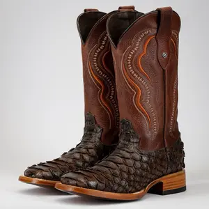 Brown Jumbo Python Print Leather Boots - Square Toe