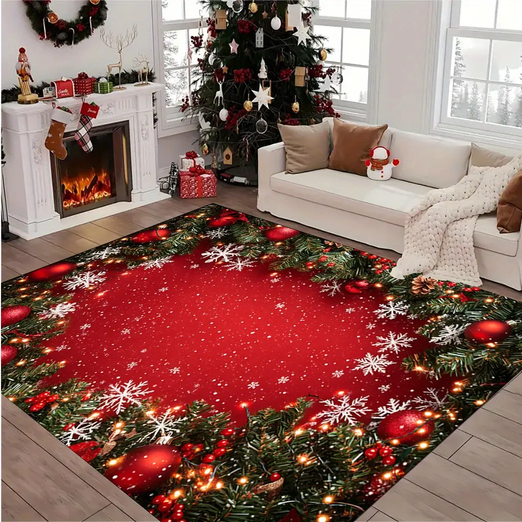 Festive Christmas Door Mat with Fir Branches & Snowflakes Anti-Slip Washable Polyester Mat for Front Porch Entryway Bathroom Living Room or Patio Decor Red Holiday Home Decoration Christmas Mat for Front Door