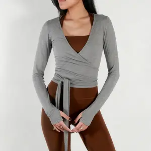 Women Crop Wrap Top Thumb Hole Long Sleeve Active Self Tie Workout Shirt Ballet Pilates Yoga Wrap Tops For Sportswear
