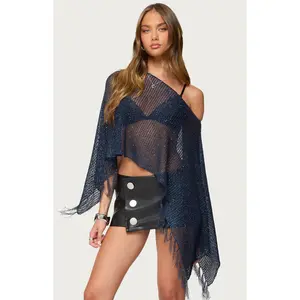Edikted Women's Sequin Fringe Knit Poncho