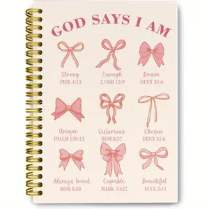 1 pc 5.5*8.3 in with 50 pages Pink Bows Bible Notebook, Devotional Notebook, Christian Gifts for Women, God Says I Am Christian Scripture Prayer Joural, Churc Notebook, Positive Spiral Notebooks College Ruled, Daily Devotional Journal