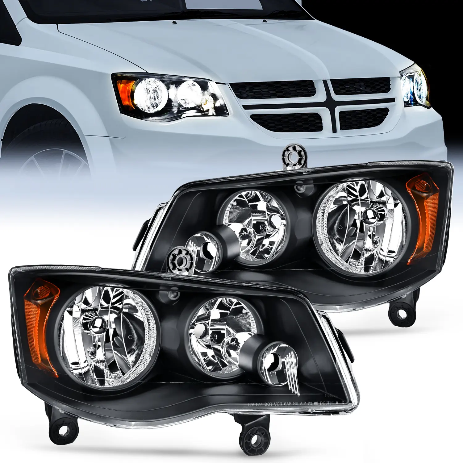 Nilight 1-Pair Brightening Anti-Glare Headlight Assembly, Minivan Fit for 2011-2019 Dodge Grand Caravan/2008-2016 Chrysler Town & Country, Plug-In Easy Install, UV Shockproof, Corrosion Resistant, IP65 Black Housing Reflective Amber Replacement Headlamp,