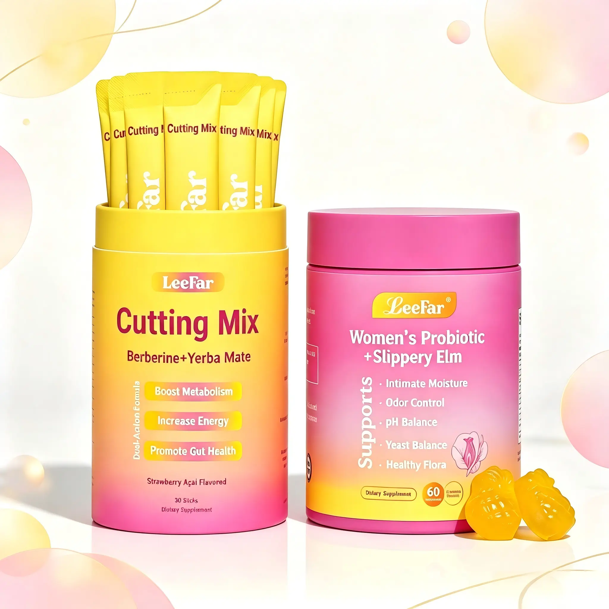 LeeFar Cutting Drink Mix & Juicy Feminine Probiotics Gummies, Strawberry Acai Flavor Cutting Powder & Hawaiian Pineapple Gummies, Combination Packaging Set