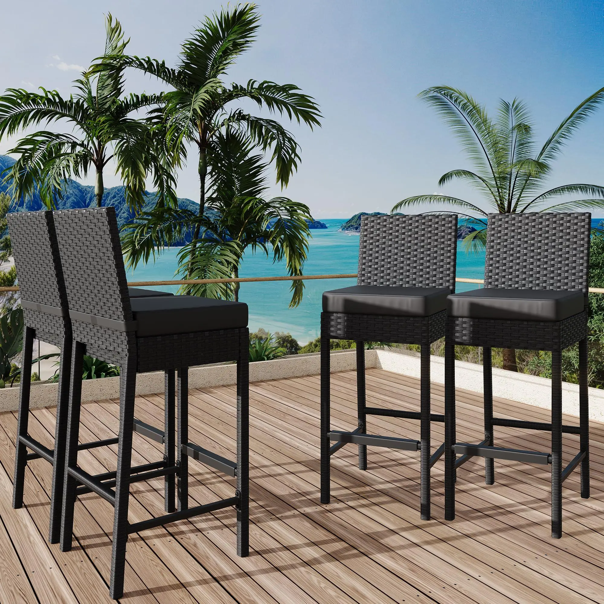 Outdoor Wicker Bar Stools Set of 4 Patio Rattan Barstools for Backyard