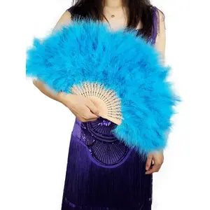 Handheld Marabou Feather Fan, 1920s Vint Style Flapper Hand Fan for Costume Party and Dancing-Acid Blue