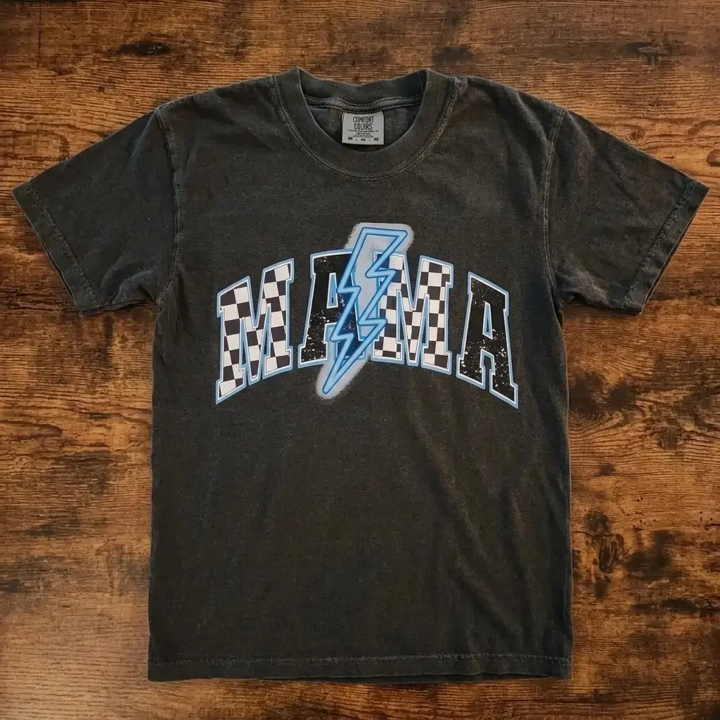 Graphic Kind Comfort Colors Mama Varsity Shirt For Mom Life, Lightning Bolt Mama Checkered Mom Shirt Gift For Mom, Casual Unisex T-shirt, Apparel Made In The USA