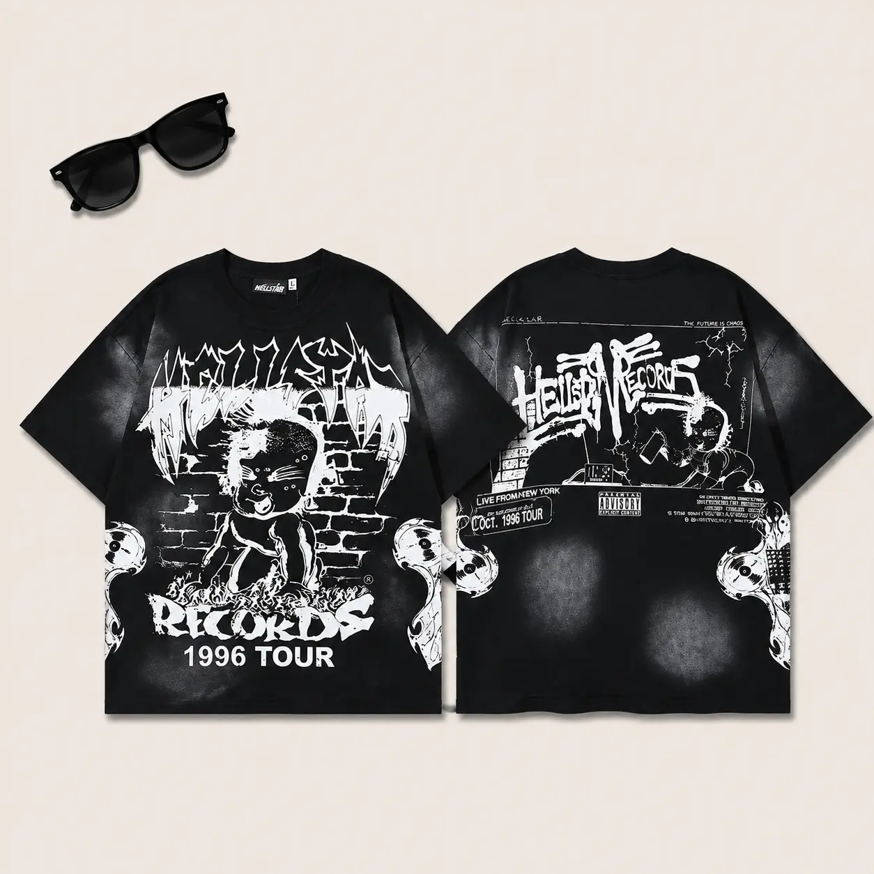 Hell star Records 1996 Tour Oversized Graphic Tee Unisex Streetwear Vintage Washed Black Rock Band Shirt Y2K Gothic Grunge Bear Print Baggy Loose Fit TikTok Viral Summer Hype Drip Outfit