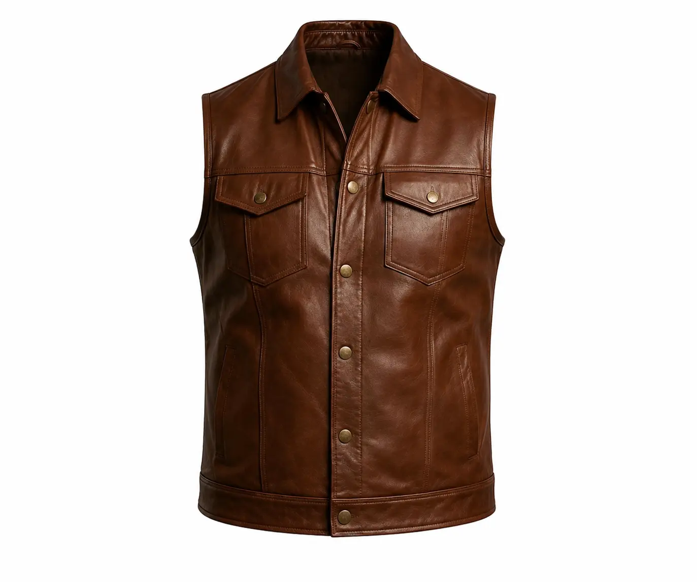 Men's Brown Leather Biker Vest - Handmade Trucker Style Moto Vest