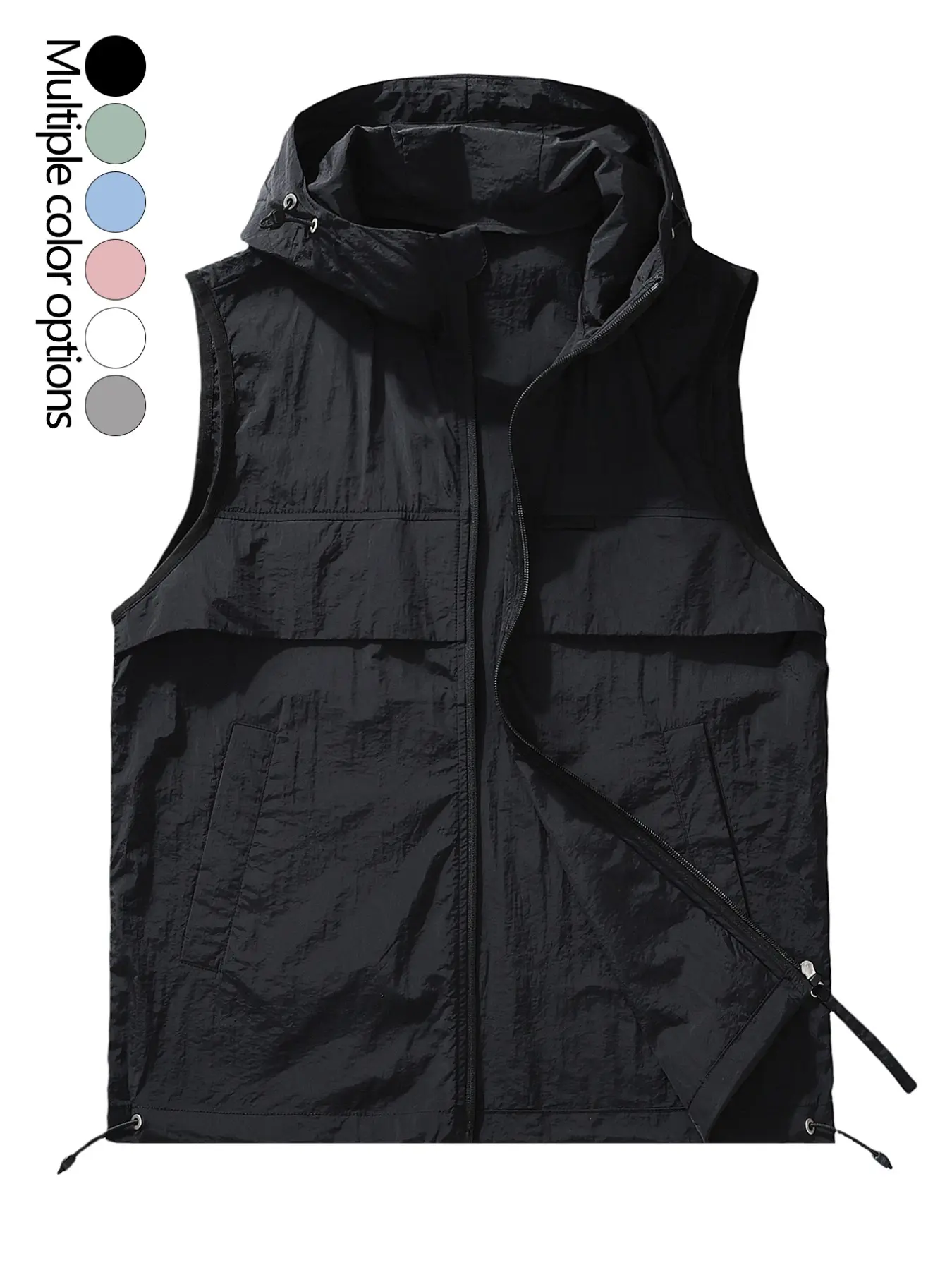 Men's Lightweight Breathable Hooded Vest, Summer Cool Outdoor Casual Sleeveless Jacket, Loose Fit Drawstring Design, Plain Gilet, Plain Color Waistcoat