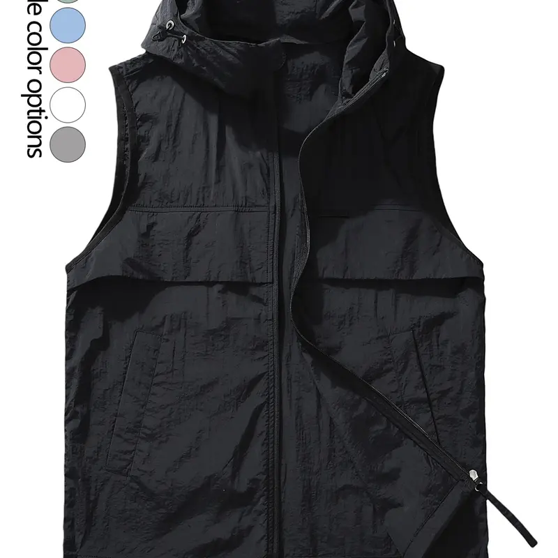 Men's Lightweight Breathable Hooded Vest, Summer Cool Outdoor Casual Sleeveless Jacket, Loose Fit Drawstring Design, Plain Gilet, Plain Color Waistcoat, Sleeveless Vests