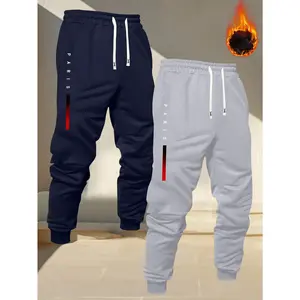 Men’s two-piece set: ribbed joggers lined with fleece, regular fit, casual sporty style; solid basic lounge pants with an elastic waistband, drawstring, and pockets—perfect for outdoor activities, commuting, streetwear, and suitable for spring and summer.