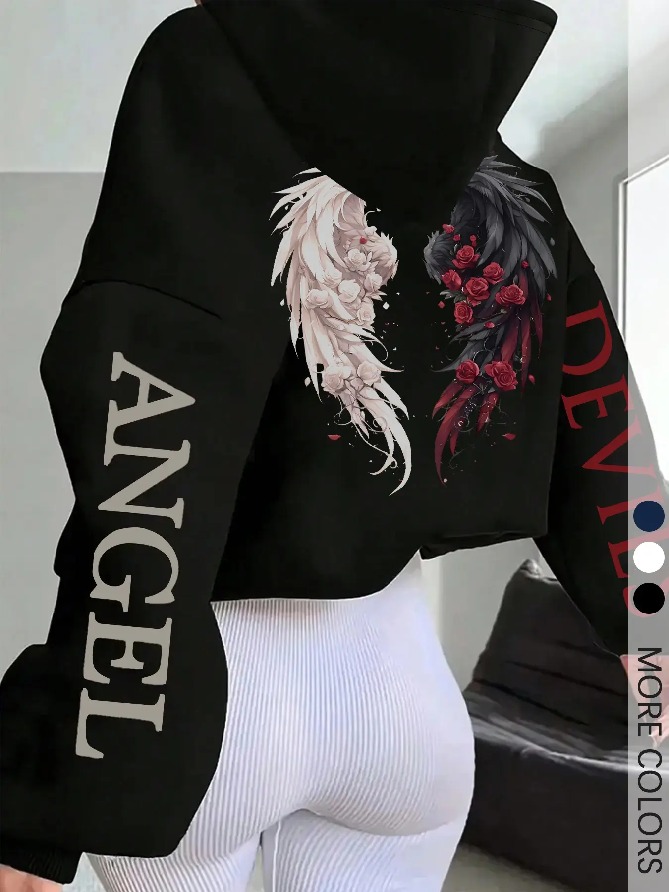 Women's Black Long Sleeve Geometric Graphic Print Hoodie, Contrast Angel Devil Print, Edgy Casual Fitted Top for Street Style and Going Out, Gothic Graphic Hoodie, Casual Streetwear Hoodie, Casual Streetwear Hoodies