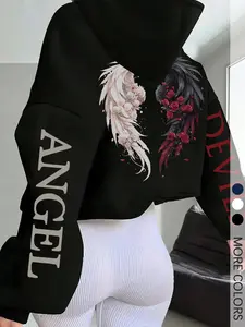 Women‘s Black Graphic Print Hoodie, Contrast Angel Devil Print, Edgy Casual Top for Street Style and Going Out