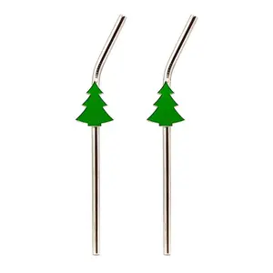 Reusable Stainless Steel Drink Straws with Cleaning Brush - Christmas Tree Design, Set of 2