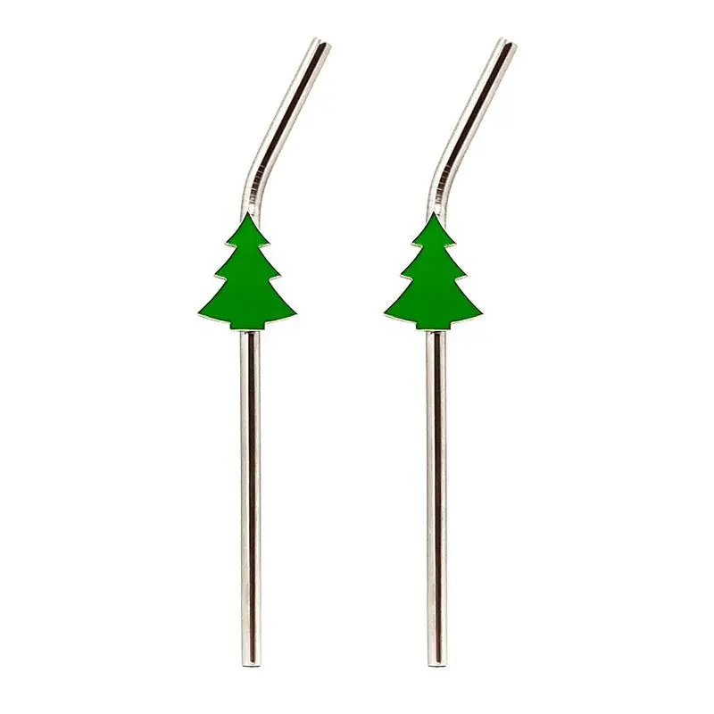 2-Piece Reusable Stainless Steel Christmas Tree Drink Straws Set with Cleaning Brush - Holiday Theme, Many Seasons Use, Kitchenware Drinkware Accessory
