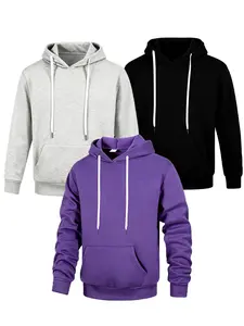 Men's 3-Pack Sweatshirts, Solid Color Loose Fit Drop Shoulder, Drawstring Large Pockets, Casual Pullover Long Sleeve Tops, Loose Fitting Hoodie