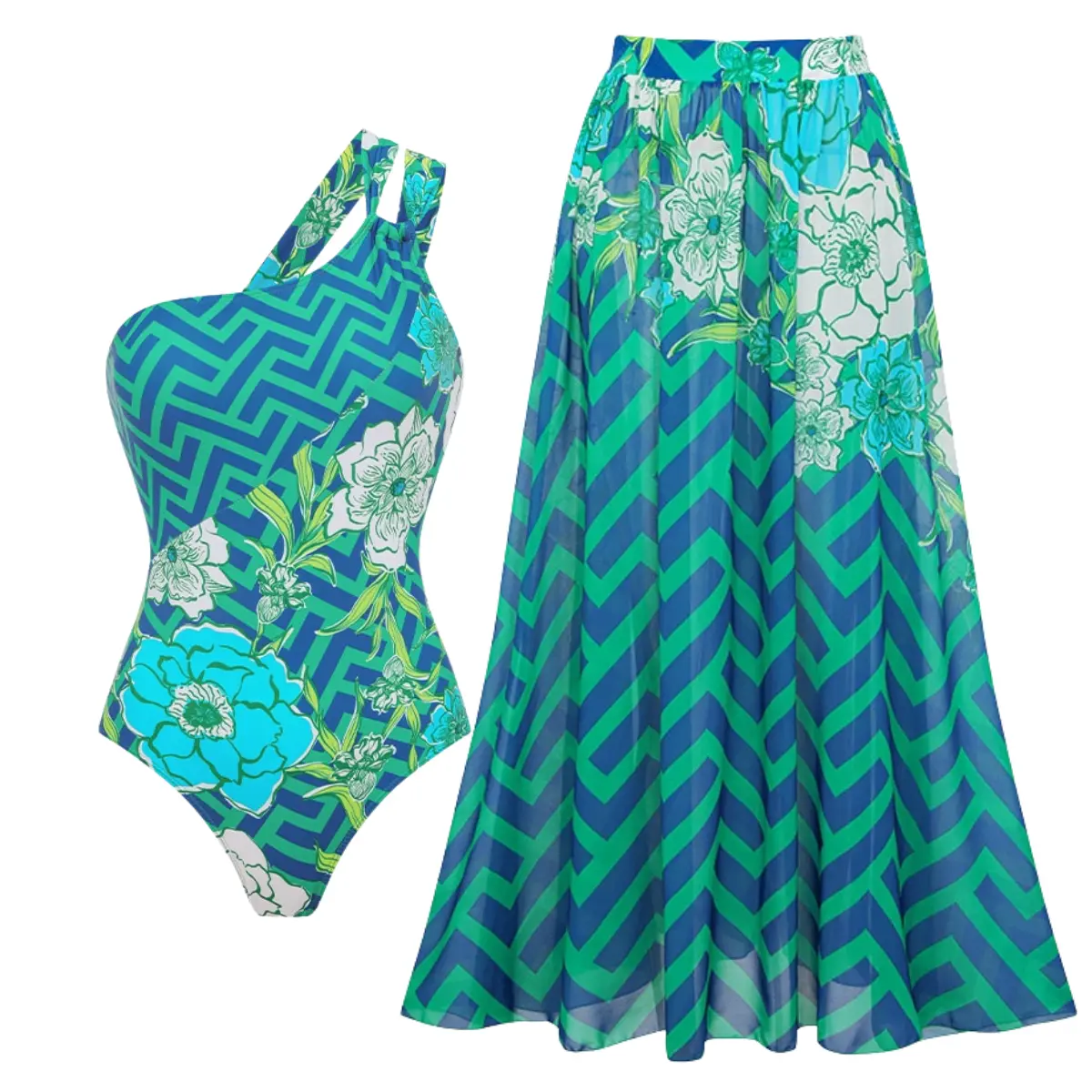 FLAXMAKER Women's one Shoulder Green Blossom Print one Piece Swimsuit with Matching Cover Skirt Set, Stylish Summer Beachwear for Outdoor Fun #Summervibes #SwimWeek suit summerwins swimweek summervibes swim woman V-Neck Push-Up swimwear