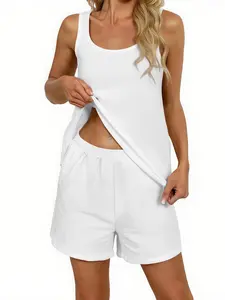Women's Summer 2-Piece Casual Fitted Shorts Set, Solid Color Shorts, Slouchy Loungewear or Casual Outfit, Fashionable, Sleeveless Top and Hot Pants Set, Comfortable Beach Vacation Wear, Ideal Choice for Summer Wear and Outdoor Activities