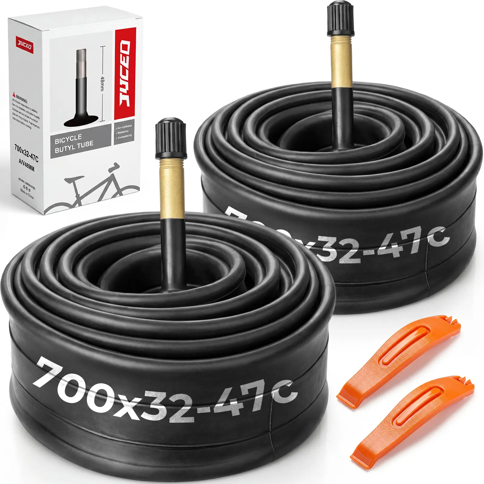700x32-47c Bike Tubes 48mm Schrader Valve 2 Pack, Butyl Rubber Road Bike Inner Tube, Low Heat High Stretch Leak Resistant 700c Bicycle Tubes for Road Hybrid & Gravel Bikes