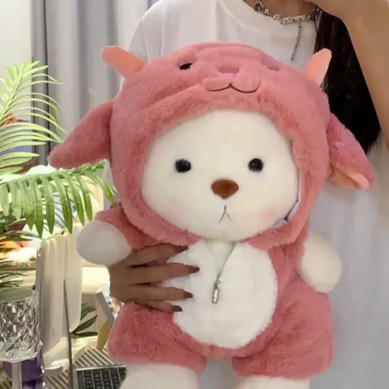 13 in Soft Adorable Stuffed Teddy Bear - Unisex Plush Toy with Manual Movable Legs, Removable Pink Lamb Hoodie (Adorable Removable Outfit for Dressing Fun), Stand-Lean Poses, Bed Decoration - Kawaii Collectible, Birthday Gift for Kids