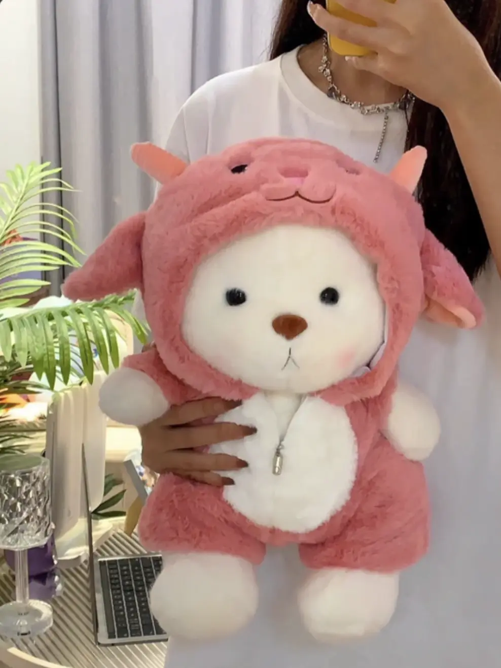 13'' Soft Adorable Stuffed Teddy Bear, Stuffed Animal Plush Toy with Pink Lamb Hoodie & Movable Legs, Kawaii Plushies Cute Collectibles Toys for Kids & Couples
