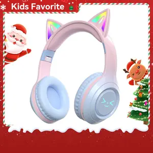 Wireless Headphones Kids Cat Ear Headphones Bluetooth LED Light Up Foldable Over Ear with Built in Microphone for Phone Tablet iPad Laptop