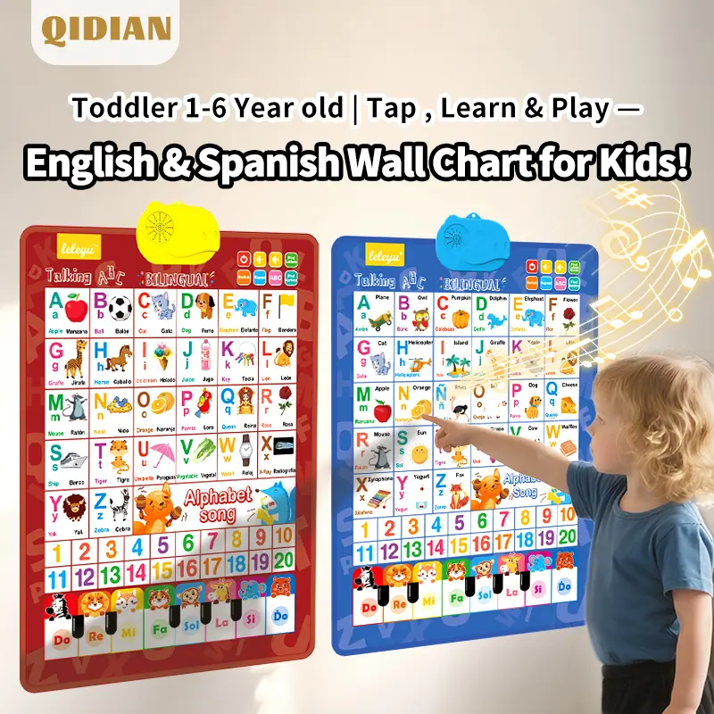 Bilingual Talking Wall Chart for Kids – English & Spanish Learning Poster with Songs, ABCs, Numbers, Animal words & Piano – Interactive Educational Toy for Toddlers 1-6 – No Screen, Battery Powered classroom use Alphabet Preschool 0