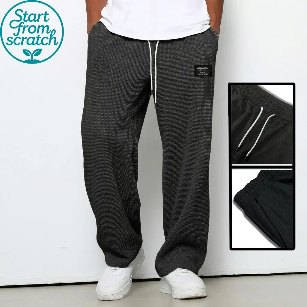 Men’s waffle-textured wide-leg athletic pants — loose, casual long pants with a waffle texture and solid base color; suitable for the gym and everyday wear; machine washable; ideal for spring and autumn.