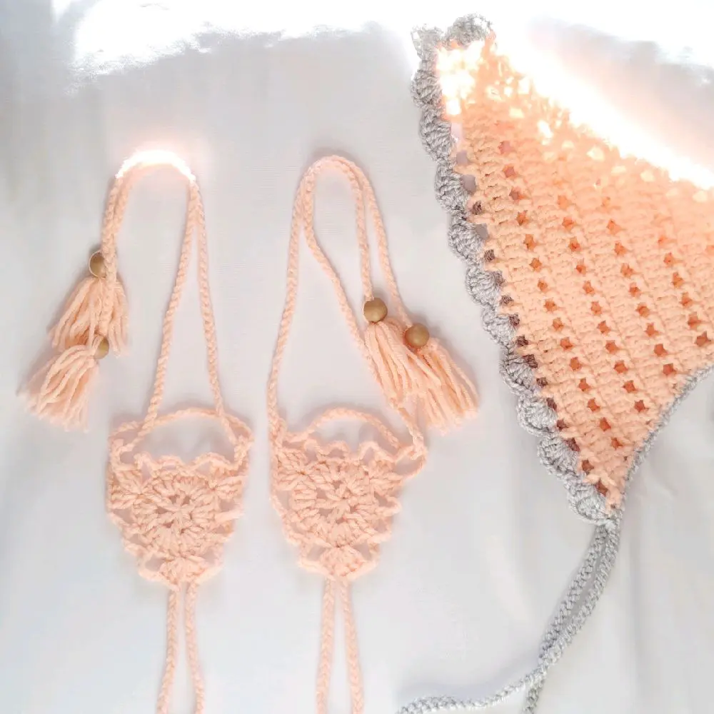 Handmade Crochet Boho Bandana & Barefoot Sandals Set Peach Festival Hair Scarf Cute Summer Beach Accessories