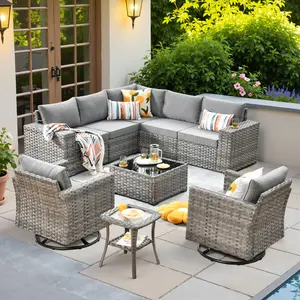 【Summer Vibes】Ovios 9-Piece Outdoor Patio Furniture Set with 7.68'' Broad Handrails & Rocking Chair, All-Weather Wicker Conversation Sofa Set with Cushions for Backyard Patio Porch Deck Garden Balcony Seating